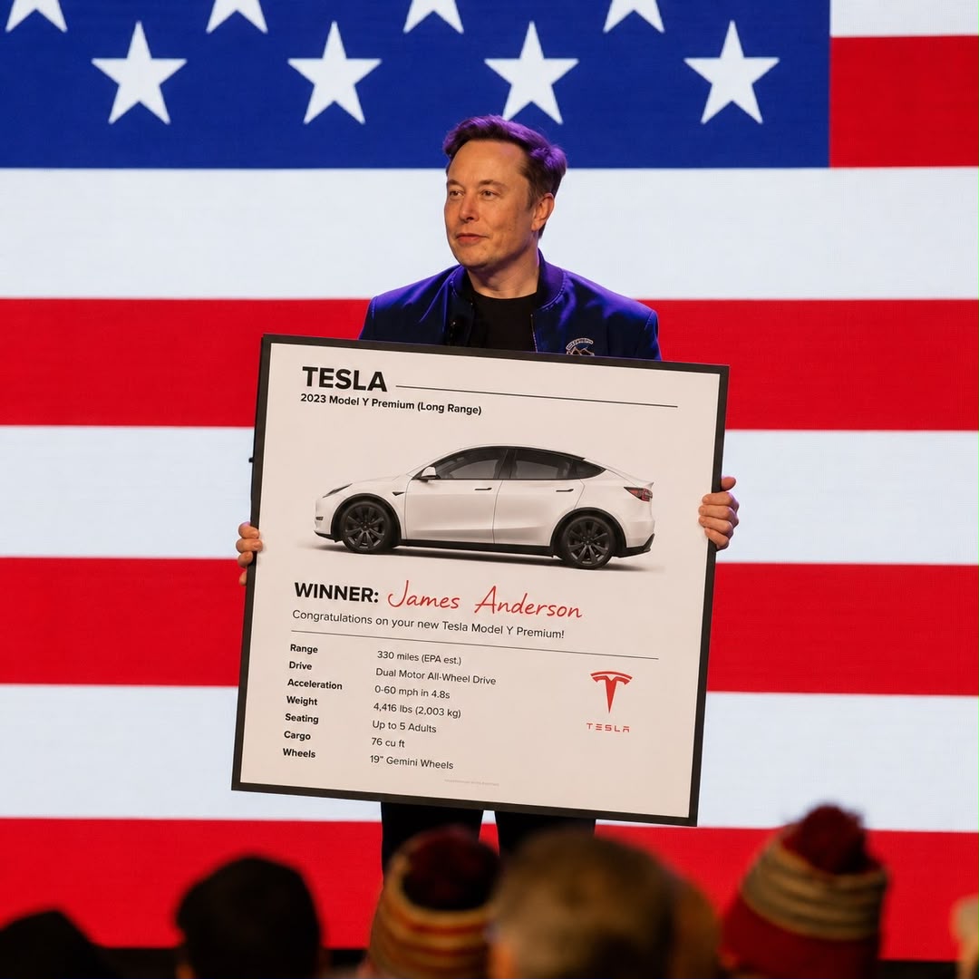 America PAC promotional event featuring a Tesla Model Y presentation